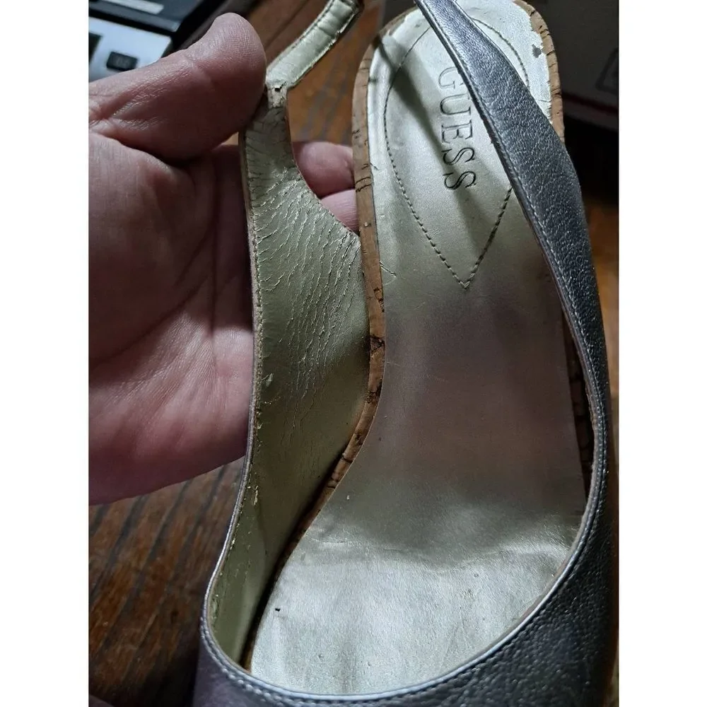 Size 9M Guess Silver Sling Back Peep Toe Cork High Heel Dress Shoes